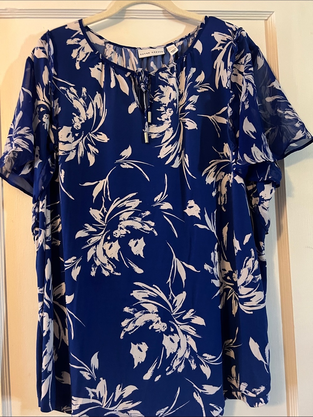 Susan Graver Royal Blue & White Floral Tie-Neck Tunic